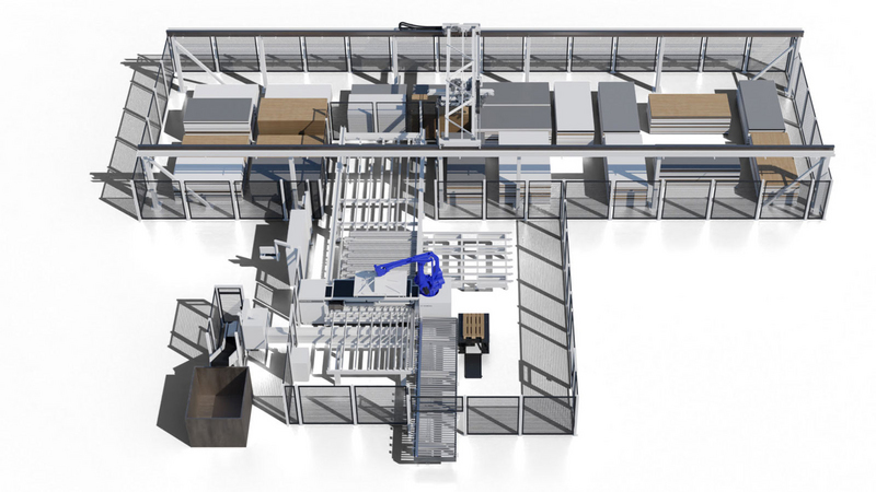 Plattensäge SAWTEQ B-320 flexTec mit Auslaufrollenbahn und einem Hubtisch.