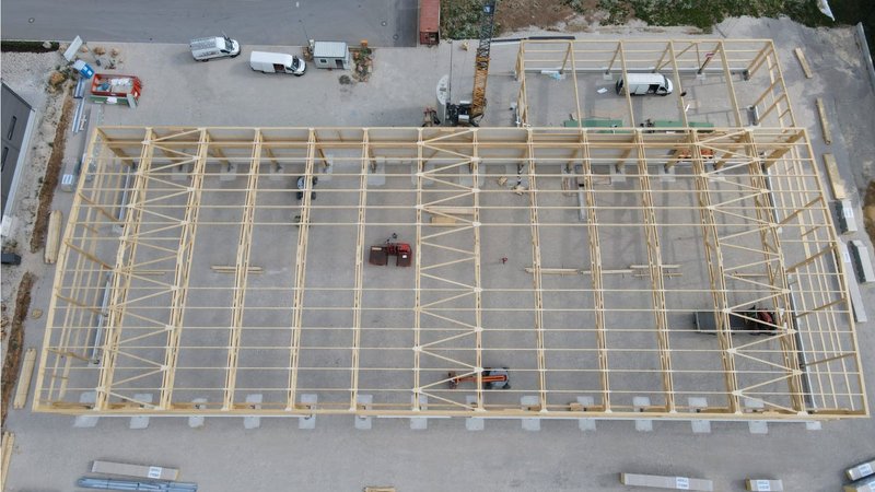 Production, bird's eye view, timber construction