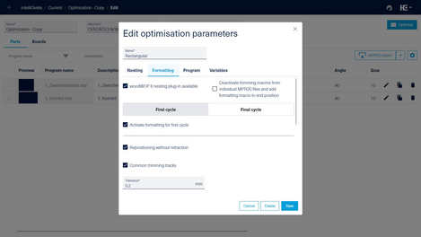 Settings for the "Formatting" macro in the intelliDivide Nesting app