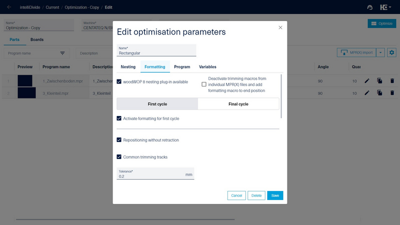 Settings for the "Formatting" macro in the intelliDivide Nesting app