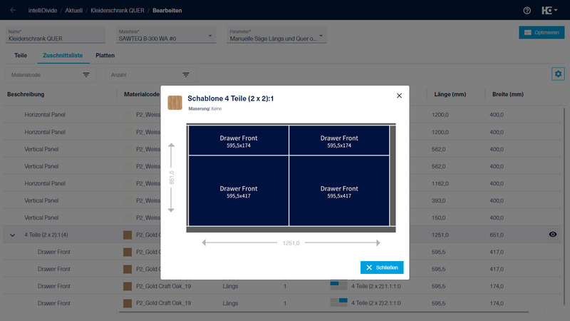 Integrierte und übersichtliche Vorschau des Schablonen-Bauteils mit realen Maßen