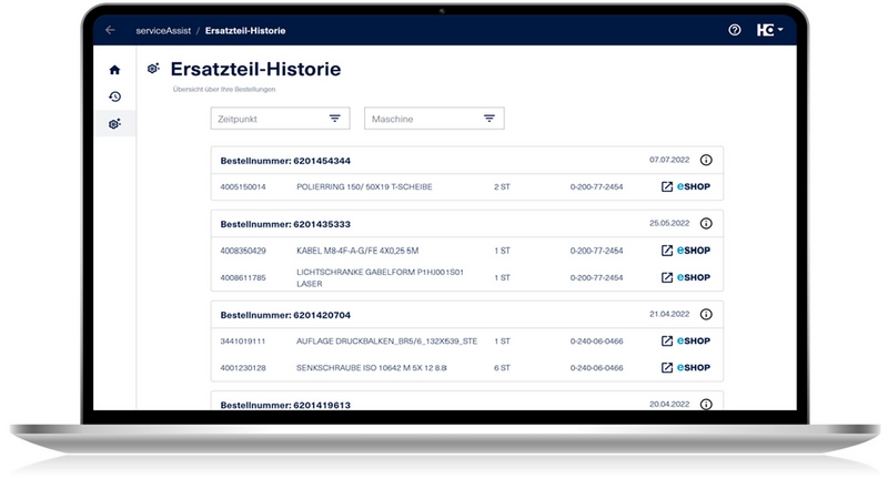Mit der Ersatzteilhistorie überblicken Sie alle abgeschlossenen Bestellungen