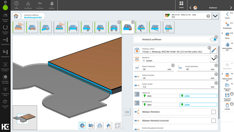 3D workpiece simulation with tool track that can be hidden and displayed with woodCommander 5