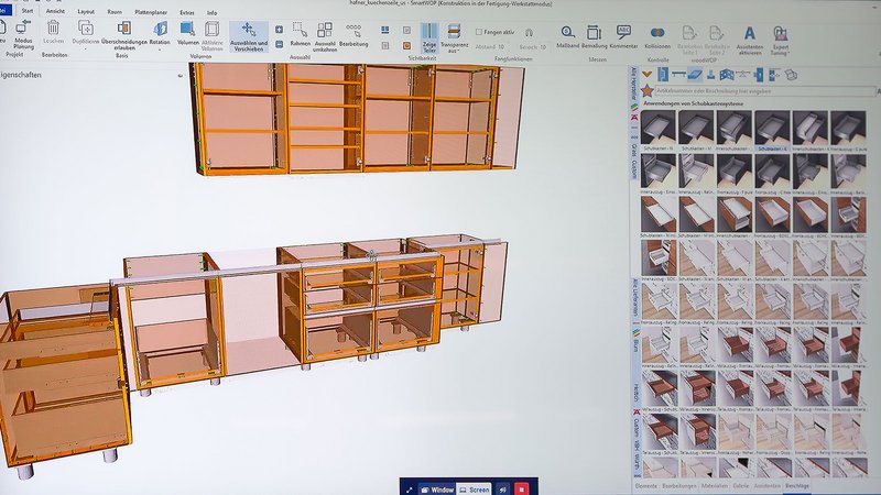 With SmartWOP, every joiner at Löw Breidenbach designs their own jobs. Here,  a virtual kitchen is created. 