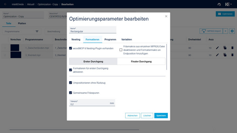 Einstellungen in der App intelliDivide Nesting