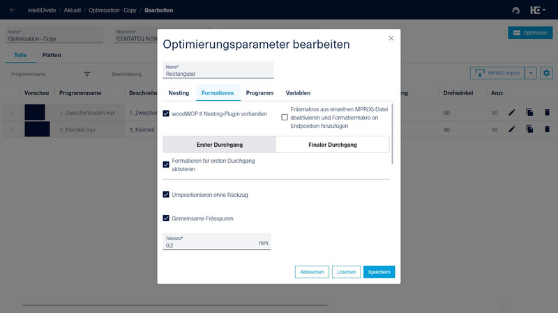 Einstellungen in der App intelliDivide Nesting