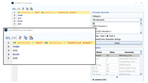 Elements such as mathematical functions, variables and conditions are available for the user for assembling his formulas.