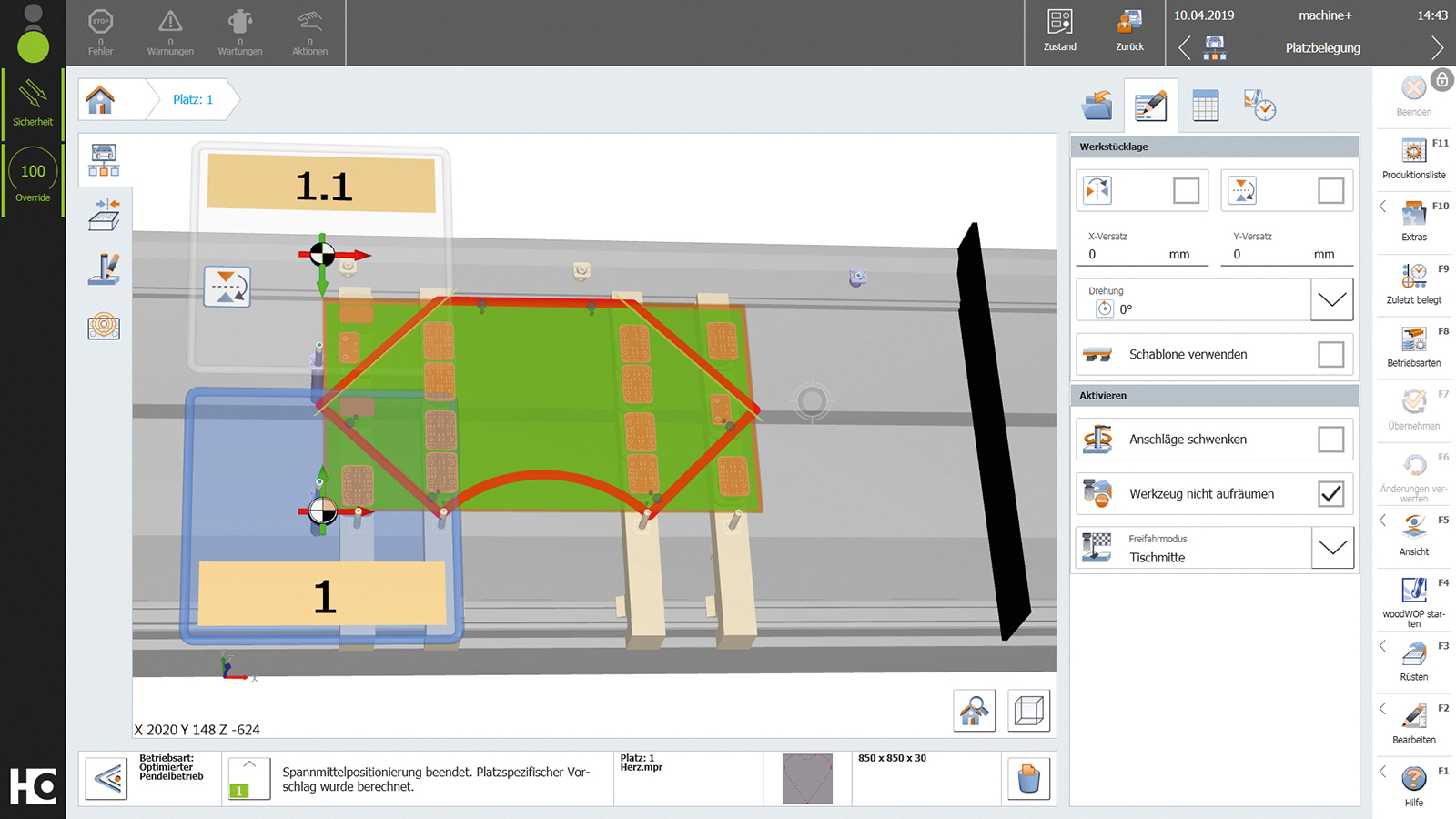 Platzbelegung: Einfache 3D-Darstellung von Maschinenbett, Konsolen, Anschlagzylindern, Saugern und Spannern auf dem powerTouch Display. Vorschlag zur Positionierung des Werkstücks zur Bearbeitung. 
