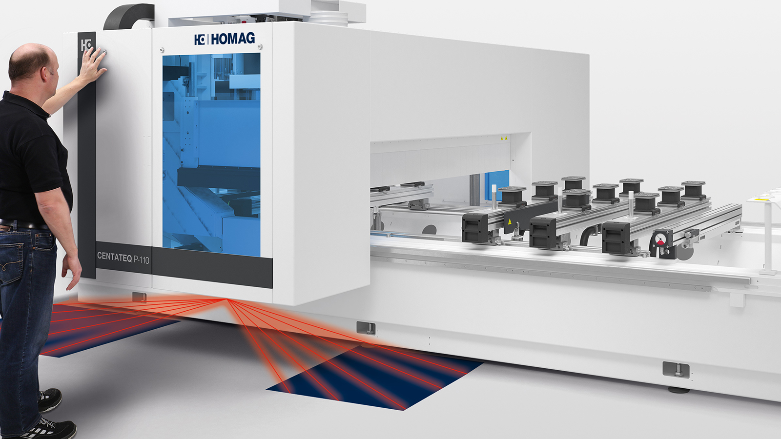 Komfortpaket: Programmstart, pausieren, Freifahren des Arbeitsfelds oder Bestätigen nach Betreten des Scanbereichs. Einfach quittieren mittels Tastendruck, direkt an der Portalumhausung. 